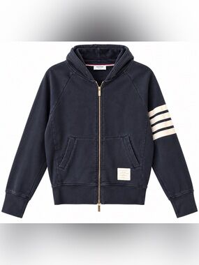 Thom Browne Distressed Navy Zip Hoodie with Cream Arm Stripes